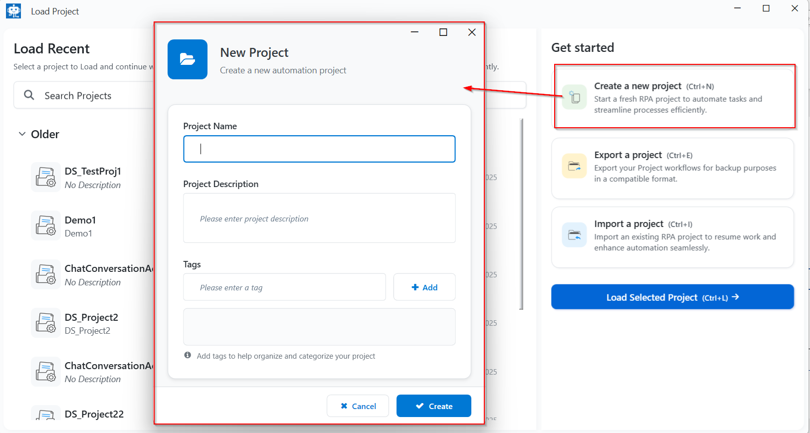 New Project pop-up appears New Project pop-up appears