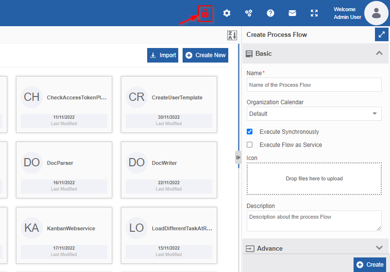 Process flow page of a locked application Process flow page of a locked application