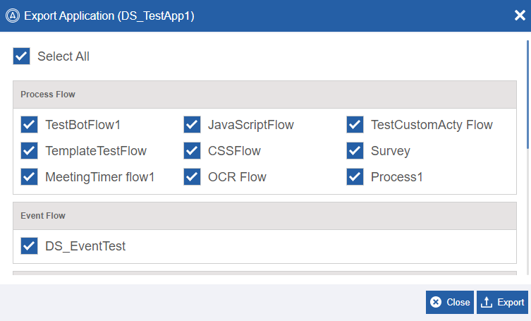 Export application pop-up Export application pop-up