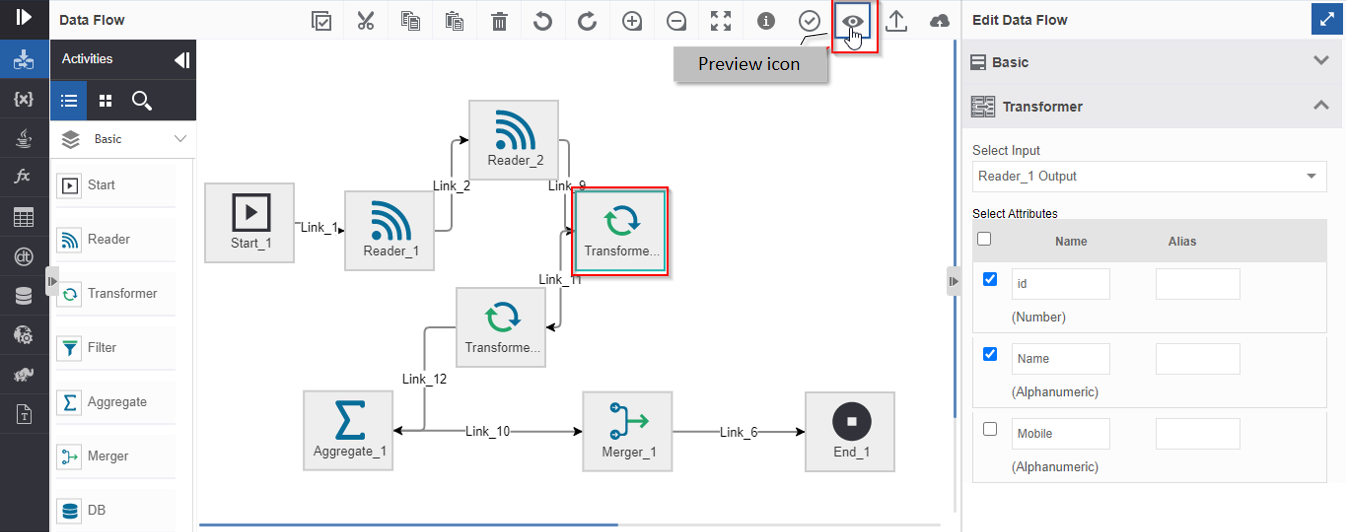 Preview icon in the data flow toolbar Preview icon in the data flow toolbar