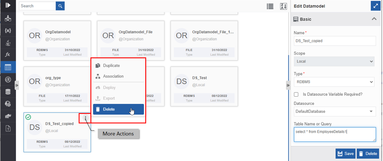 Delete action in More Actions Delete action in More Actions